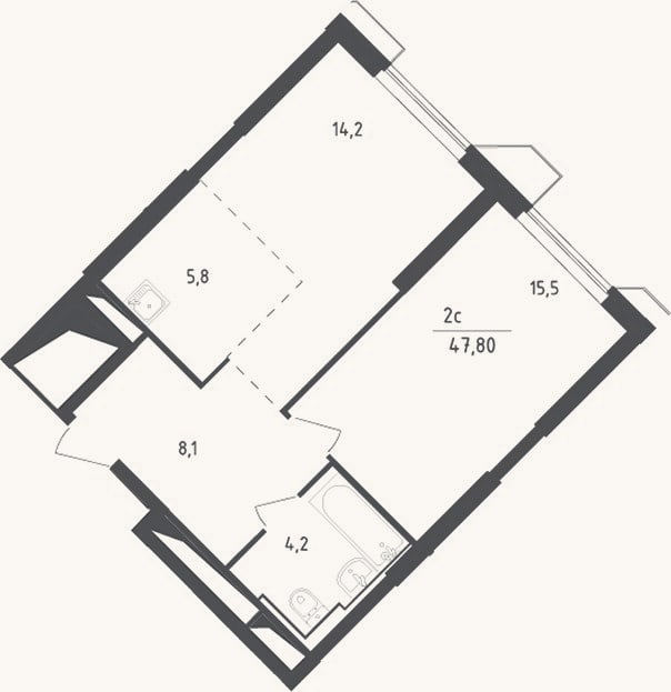 Планировка: 2-к, 47,8 м²