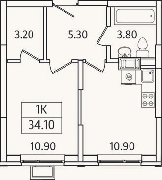 Планировка: 1-к, 34,1 м²