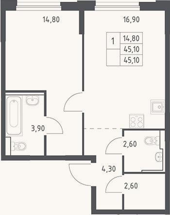 Планировка: 2-к, 45,1 м²