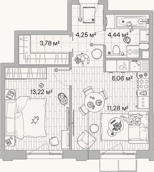 Планировка: 2-к, 43 м²