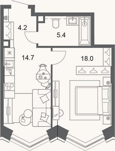 Планировка: 2-к, 42,3 м²