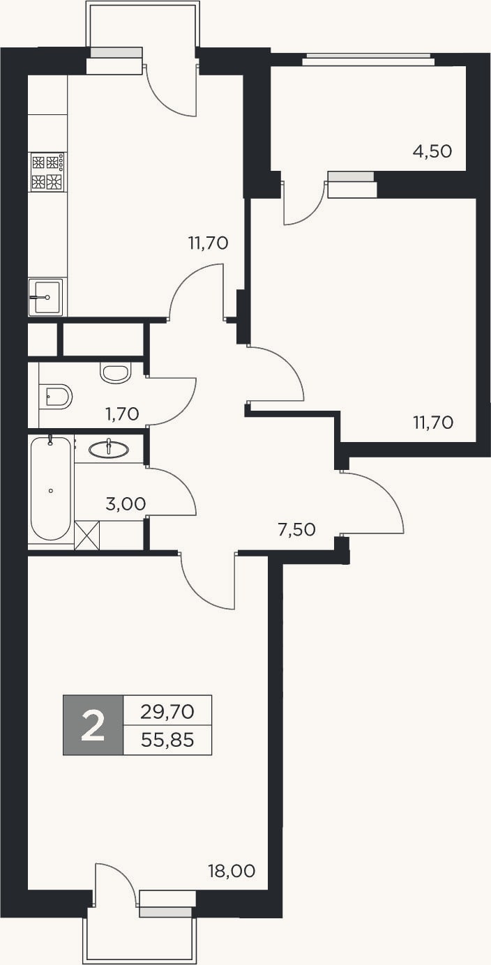 Планировка: 2-к, 53,6 м²
