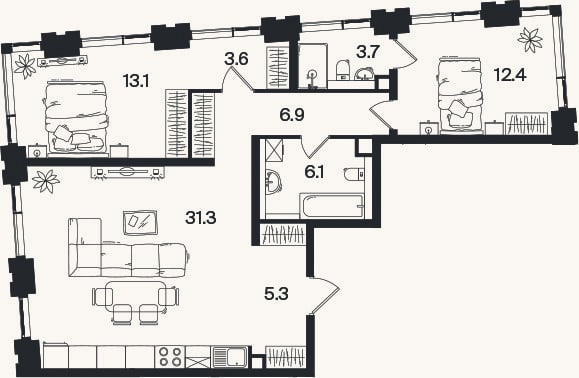 Планировка: 3-к, 82,6 м²
