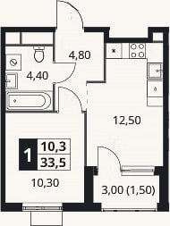 Планировка: 1-к, 32 м²