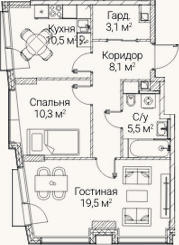 Планировка: 2-к, 57 м²