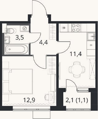 Планировка: 1-к, 32,2 м²