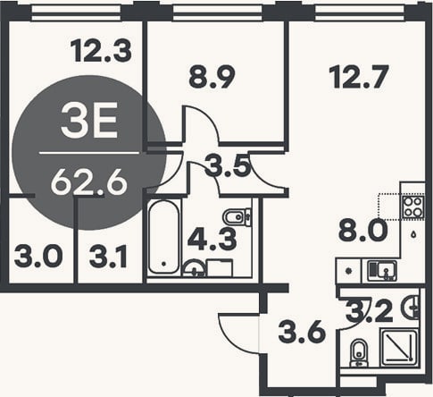 Планировка: 3-к, 62,6 м²