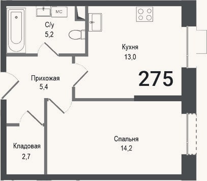 Планировка: 1-к, 40,5 м²