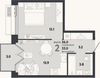 Планировка: 2-к, 33 м²