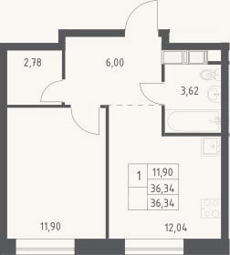 Планировка: 1-к, 36,3 м²
