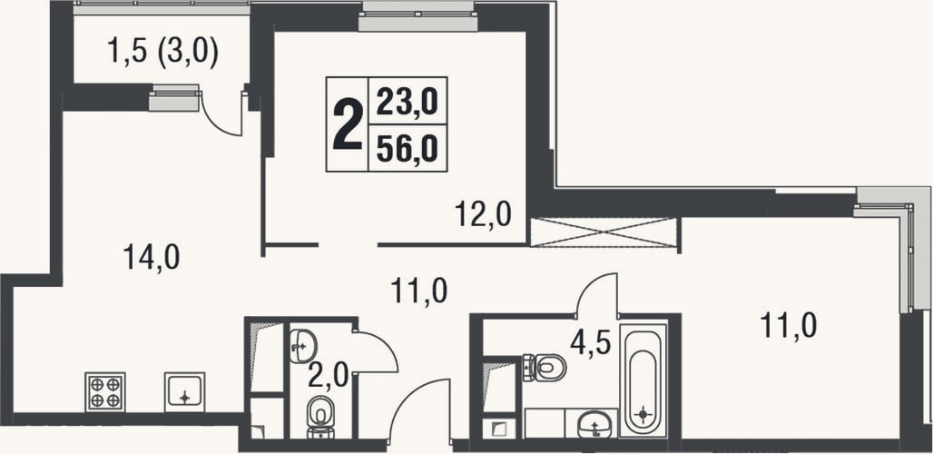 Планировка: 2-к, 54,5 м²
