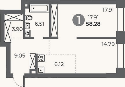 Планировка: 1-к, 58,3 м²