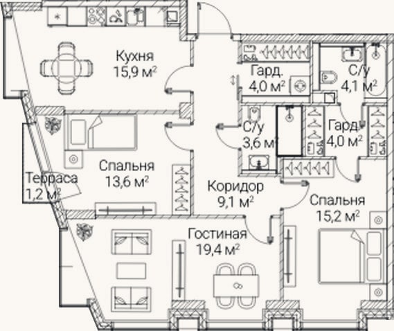 Планировка: 3-к, 88,9 м²
