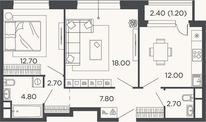 Планировка: 2-к, 60,7 м²