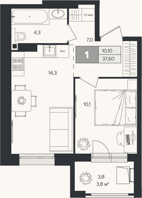 Планировка: 1-к, 35,7 м²