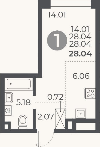Планировка: Студия, 28 м²