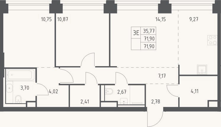 Планировка: 3-к, 71,9 м²