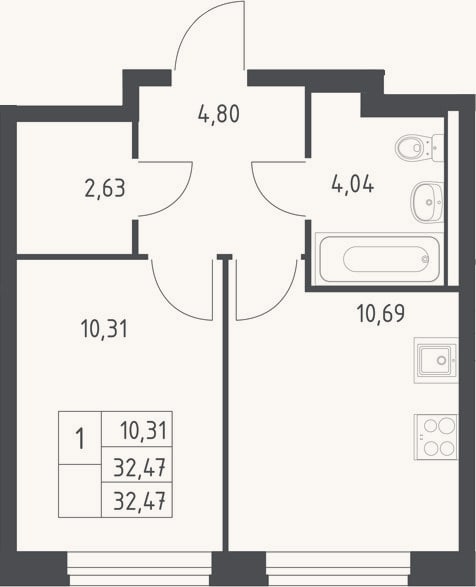 Планировка: 1-к, 32,5 м²