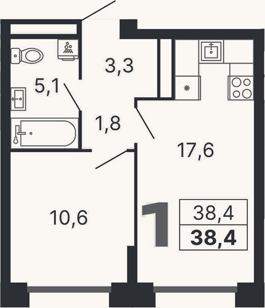 Планировка: 1-к, 38,4 м²