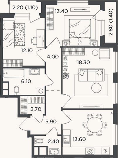 Планировка: 3-к, 78,5 м²