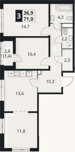 Планировка: 3-к, 69,6 м²