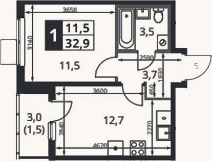 Планировка: 1-к, 31,4 м²