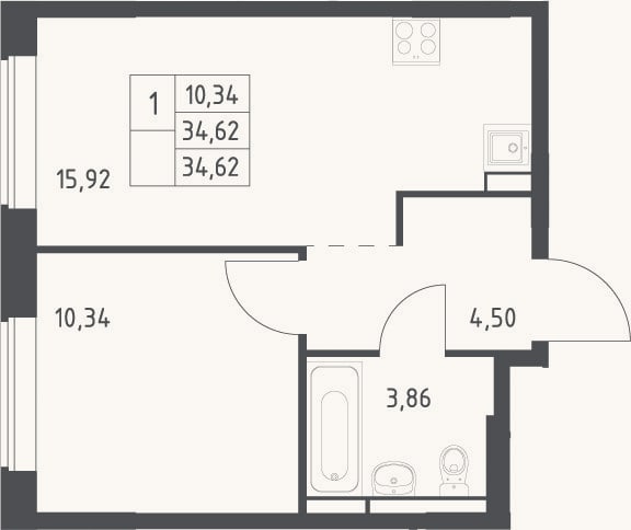 Планировка: 2-к, 34,6 м²