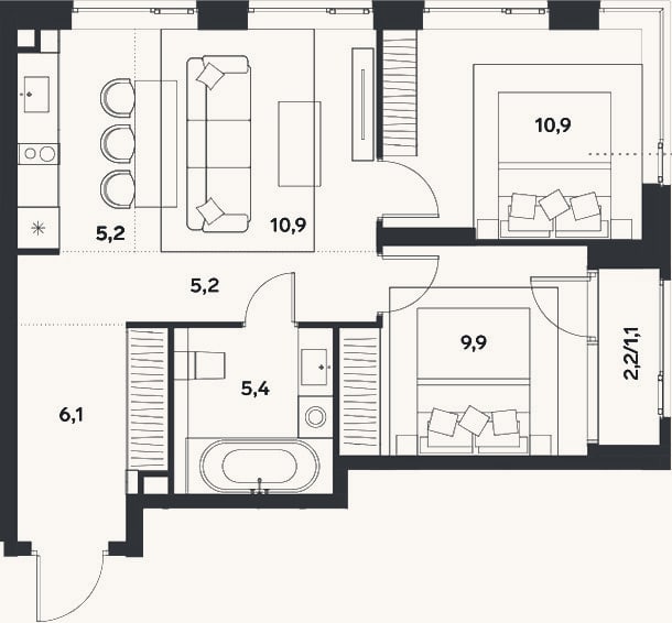 Планировка: 3-к, 53,6 м²