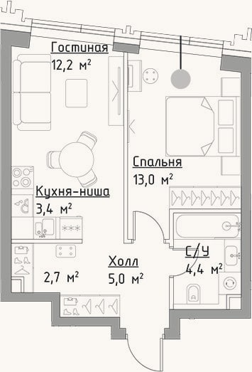 Планировка: 2-к, 40,7 м²