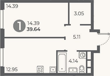 Планировка: 1-к, 39,6 м²