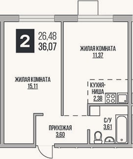 Планировка: 2-к, 36,1 м²