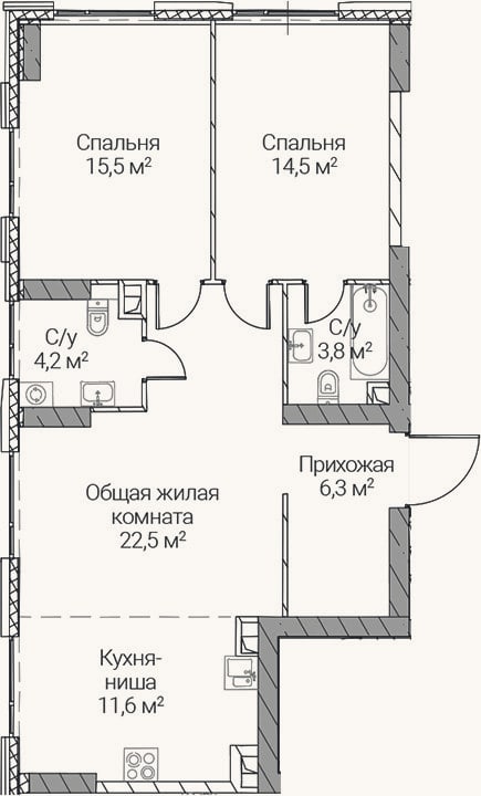 Планировка: 3-к, 78,4 м²