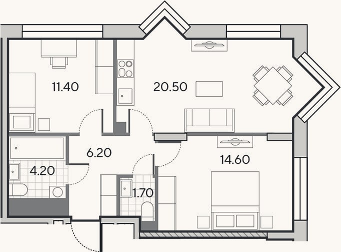 Планировка: 3-к, 58,6 м²