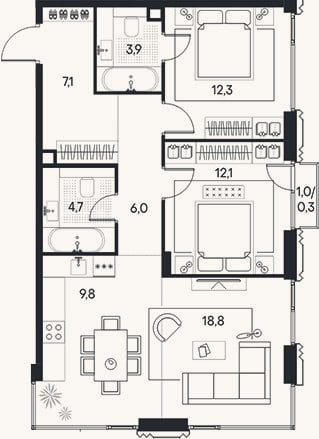 Планировка: 3-к, 74,7 м²