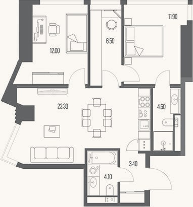 Планировка: 2-к, 65,8 м²