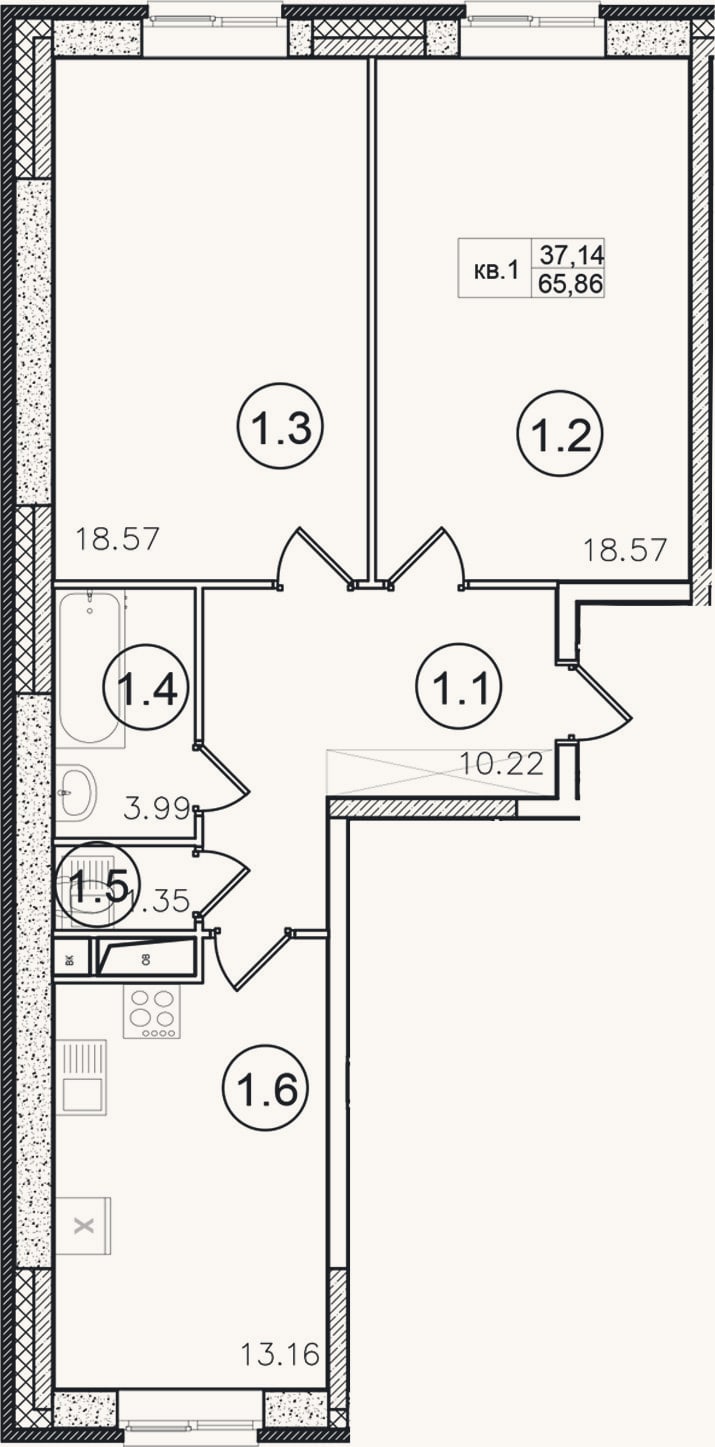Планировка: 2-к, 65,9 м²