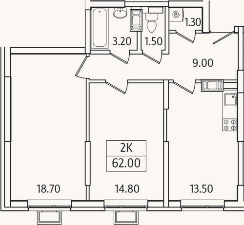 Планировка: 2-к, 62 м²