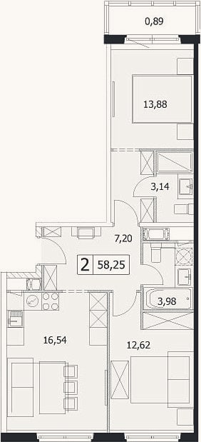 Планировка: 3-к, 57,4 м²
