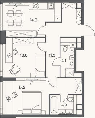 Планировка: 2-к, 65,1 м²