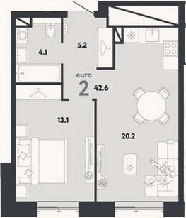 Планировка: 2-к, 42,6 м²