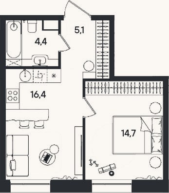 Планировка: 2-к, 40,6 м²