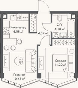 Планировка: 2-к, 36,4 м²