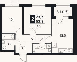 Планировка: 2-к, 52,2 м²