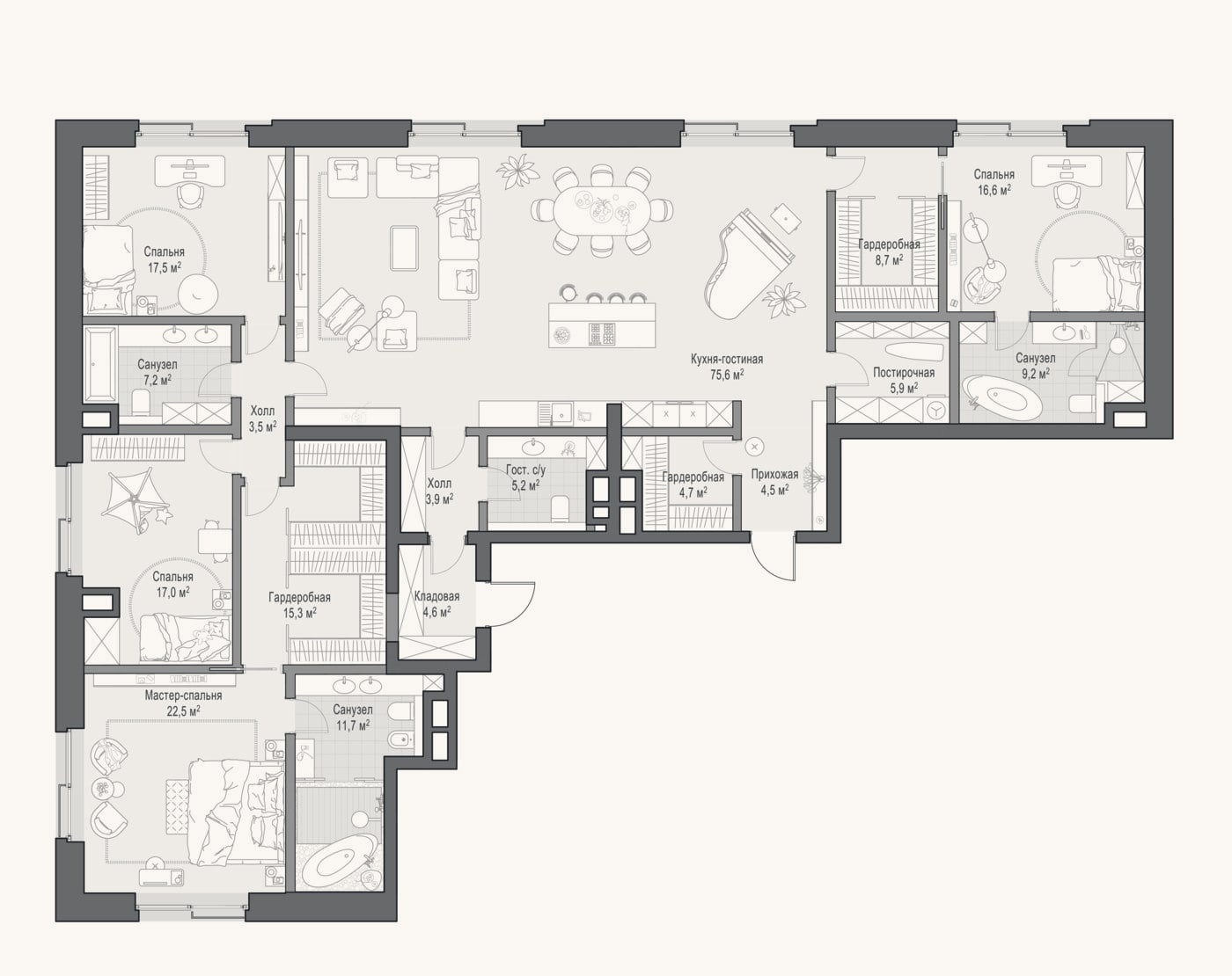 Планировка: 4+ к, 239 м²
