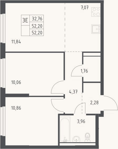 Планировка: 3-к, 52,2 м²
