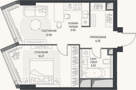 Планировка: 2-к, 46,9 м²