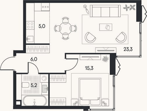 Планировка: 2-к, 54,8 м²