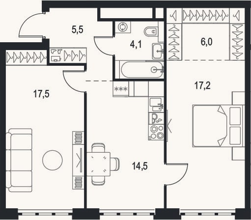 Планировка: 2-к, 64,8 м²
