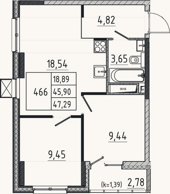 Планировка: 3-к, 45,9 м²