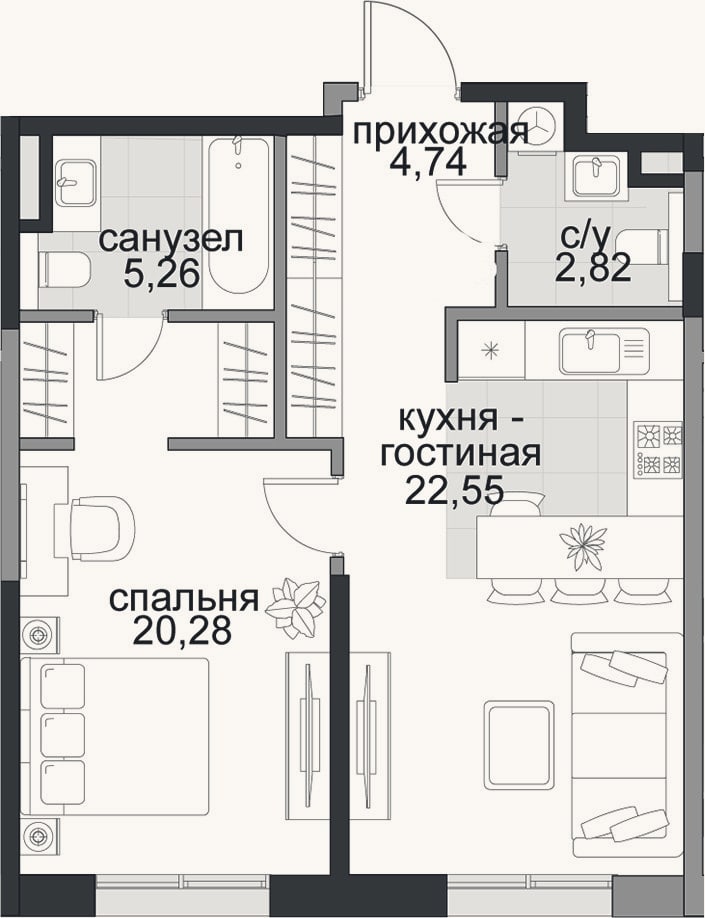 Планировка: 2-к, 55,7 м²